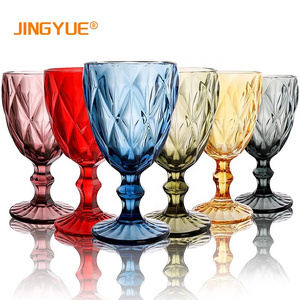 Wholesale Vintage Glassware Classic 220ml 7.7oz Diamond Pattern Crystal Embossed Color Wine Glass for Party Wedding