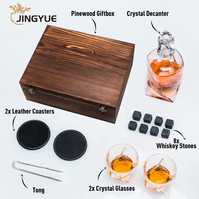 Custom Logo Whisky Chilling Stones Gift Set 26oz Cocktail Whiskey Liquor Decanter and Old Fashion Glasses in Wooden Gift Box