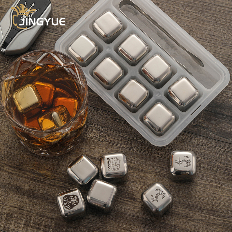 Metal Ice Cubes Custom Logo 8 Pack 304 Stainless Steel Whiskey Chilling Stones Set with Tong for Drinks