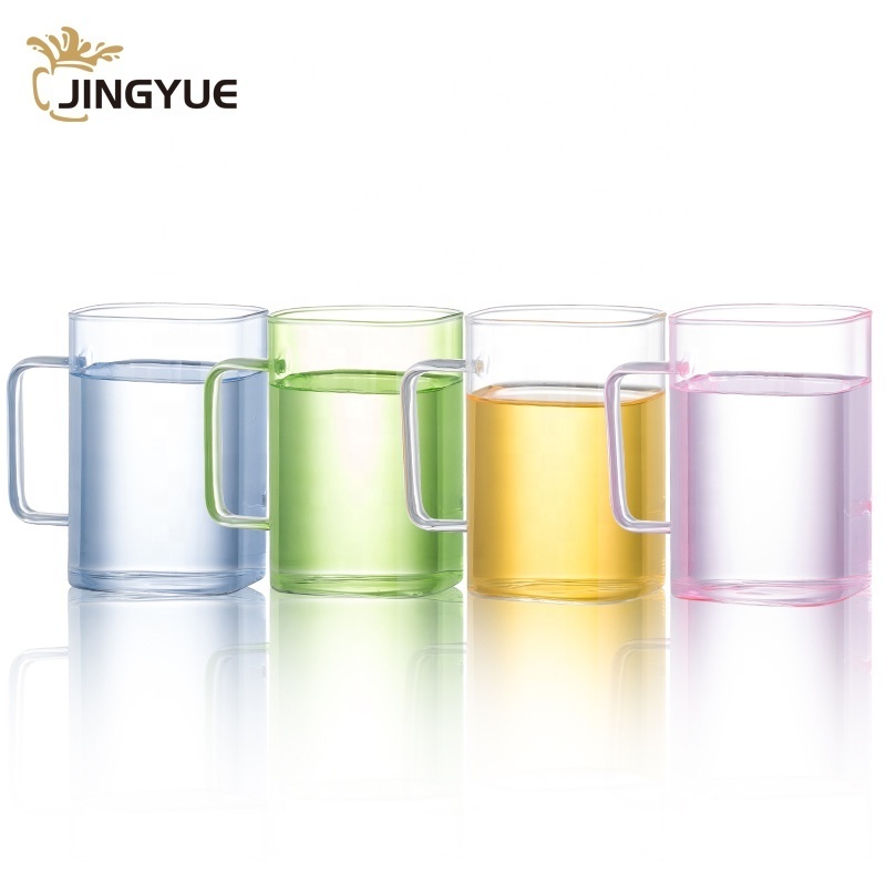 Can Shaped Drinking Glass Cups 20 Oz Colored Square Glass Mugs with Bamboo Lid Straw and Handle for Juice Water Iced Coffee