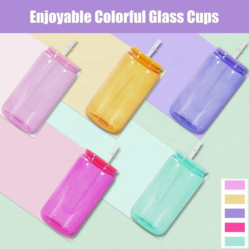 USA Warehouse 10 Pack 16oz Jelly Beer Drinking Colored Borosilicate Sublimation Can Shaped Glass Cups With Plastic Lid and Straw