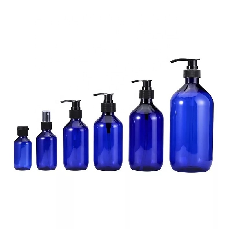 Cobalt blue Boston round PET bottles 60ml 100ml 150ml 200ml 300ml 500ml 1000ml Shower gel Shampoo Lotion bottles