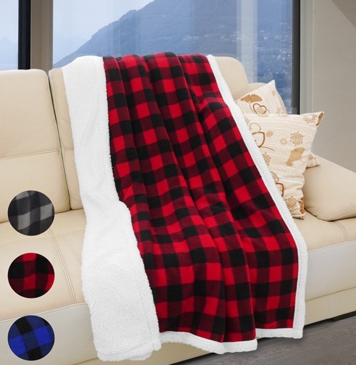 Christmas Valentine's Day Microfiber Logo Buffalo Plaid Fleece Sherpa Blanket