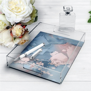 Modern Clear Acrylic Lucite Serving Tray Acrylic Tray With Inserted Paper And Handled