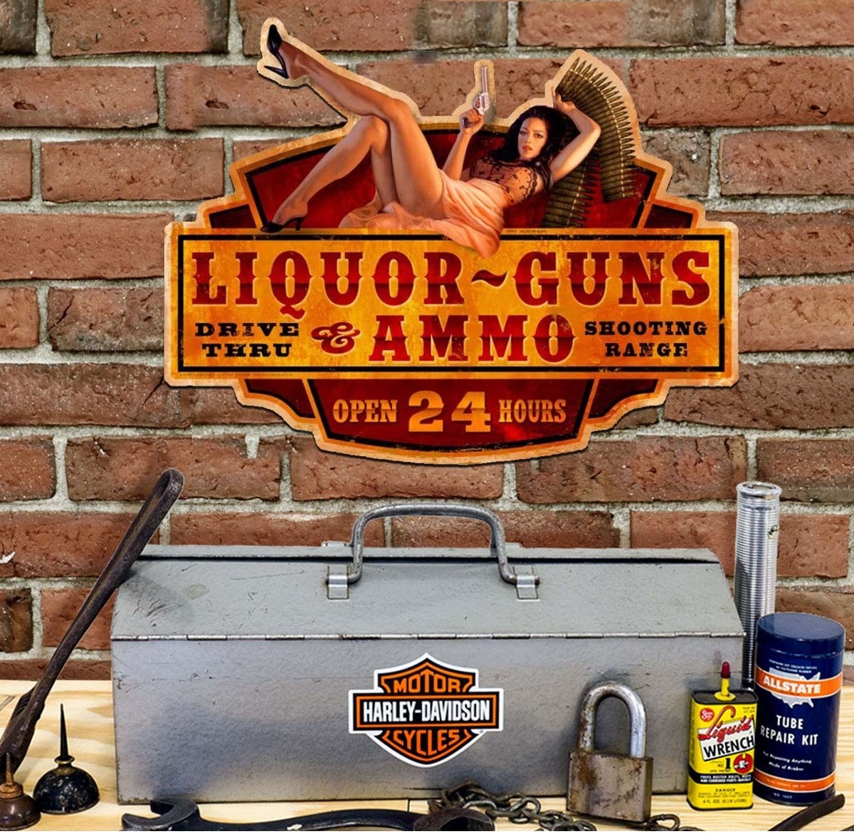 Booze guns ammo tires girlie Metal Tin Sign Vintage Metal Poster Plaque Pub Bar Man Cave Club Wall Decoration