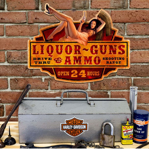 Booze guns ammo tires girlie Metal Tin Sign Vintage Metal Poster Plaque Pub Bar Man Cave Club Wall Decoration