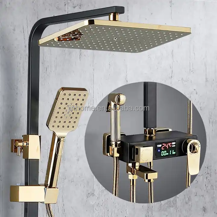 Digital Display Thermostatic Shower Faucet Set Chrome Brass 4 Functions Bathroom Shower Set System Rainfall Shower Taps