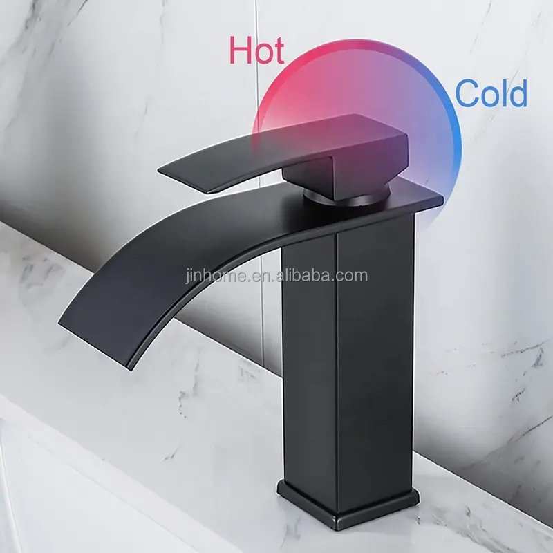 Black Waterfall Basin Faucet Single Handle Cold and Hot Water Mixer Tap Deck Mounted 304 Stainless Steel Bathroom Faucet