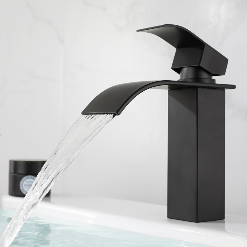 Black Waterfall Basin Faucet Single Handle Cold and Hot Water Mixer Tap Deck Mounted 304 Stainless Steel Bathroom Faucet