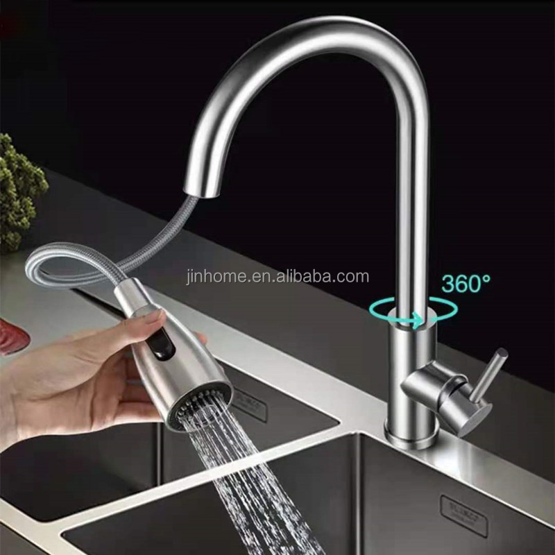 304 Stainless Steel pull out kitchen faucet Hot and Cold Water Mixer Tap 360 Degree Rotation Kitchen Mixer Sink Faucet