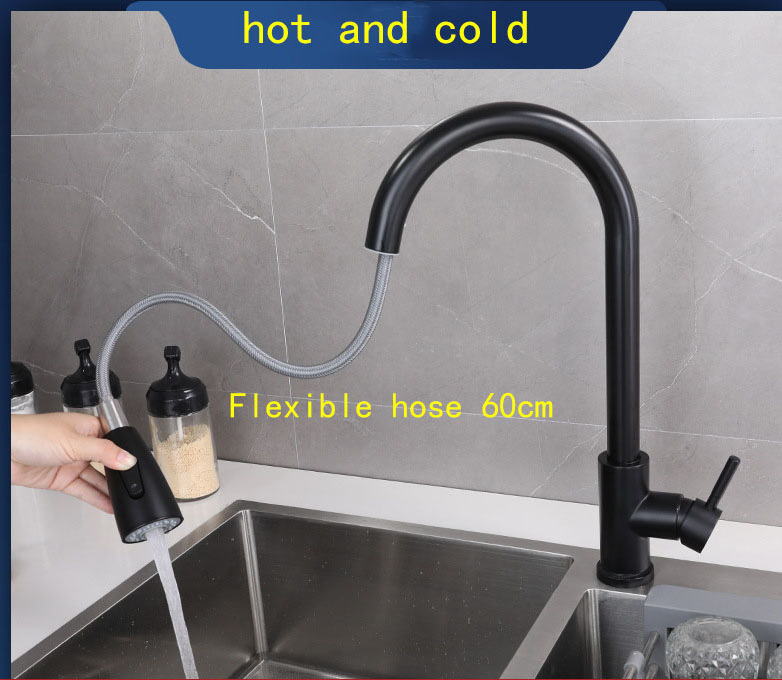 Pull down Kitchen Faucet 304 Stainless Steel Hot and Cold Water Tap Black Single Handle Deck Mounted Sink Mixer Kitchen