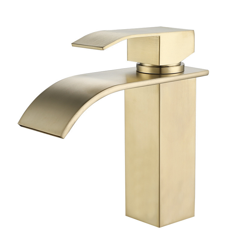 Waterfall Basin Faucet Gold Deck Mounted Sink Bathroom Tap Single Hole Cold Hot Basin Mixer