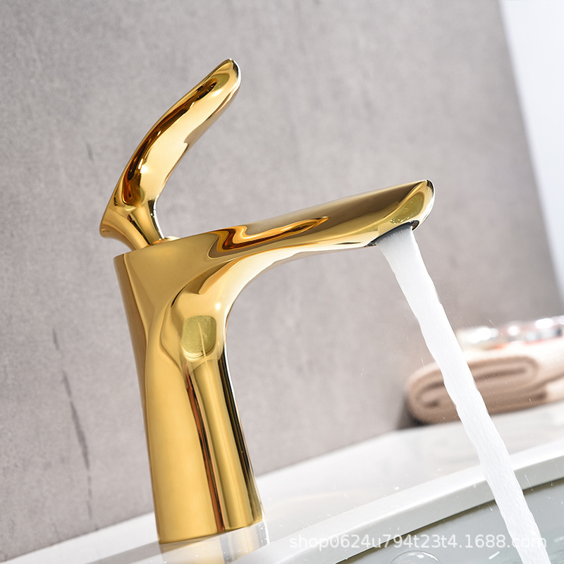 Hot Sale In Vietnamese Gold Basin Faucet Hot and Cold Water Sink Mixer Tap Deck Mounted Zinc Alloy Bath Faucets