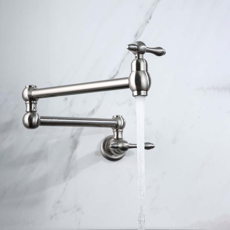 Commercial Wall Mount Kitchen Sink Faucet Folding Stretchable with Single Hole Two Handles Brass  brush nickle Pot Filler faucet