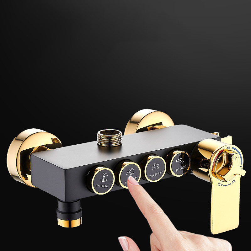 Brass Thermostatic Shower Set Black With Gold 4 Functions Shower System Wall Mounted Bathroom Shower Faucet