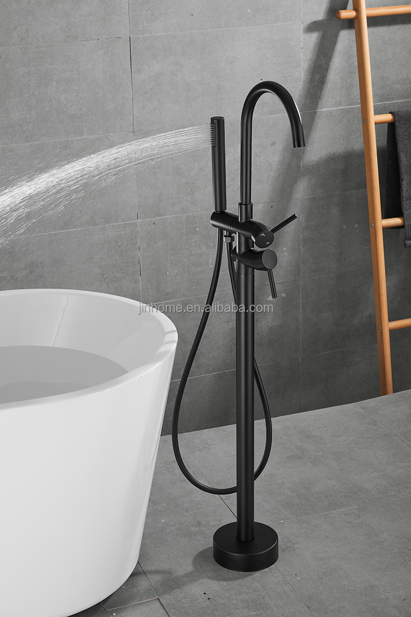 European Dual Handle Matte Black Round Floor Stand Faucets brass Bathtub Faucet Floor Stand freestanding Tub Faucet