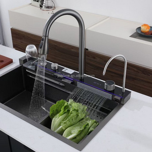 Luxury LED Kitchen Sink Faucet Multifunction Stainless Steel Sink Modern Waterfall Single Bowl Digital Display Kitchen Sink