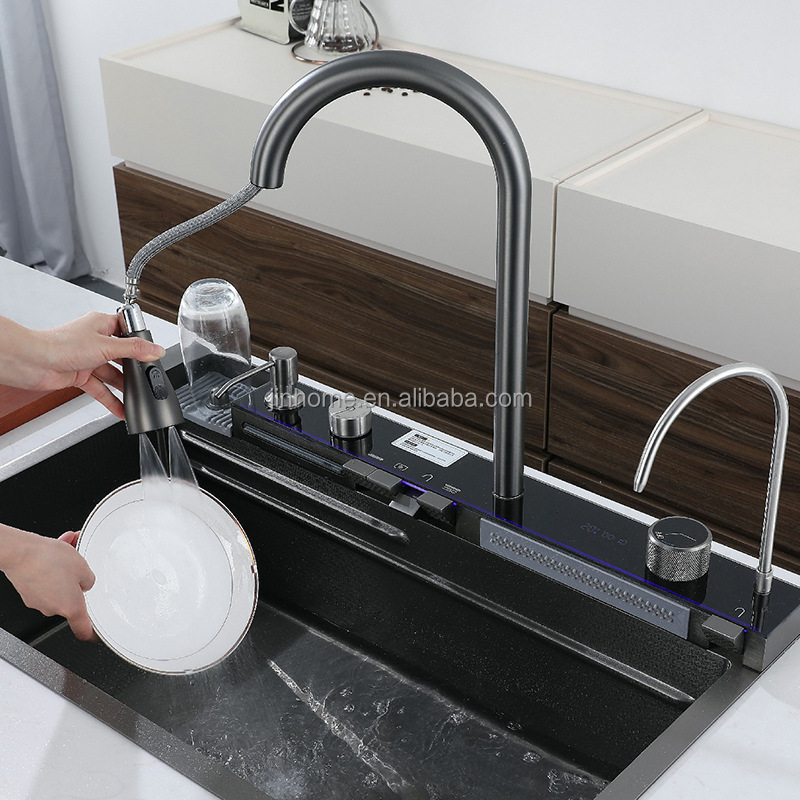 Luxury LED Kitchen Sinks Multifunction Stainless Steel Sink Modern Waterfall Single Bowl Digital Display Kitchen Sink Faucet