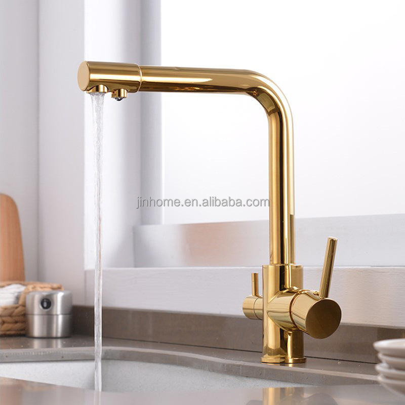 Gold Brushed  3 In 1 Water Purifier Tap Modern Faucet Two Handle Three Way Drinking Water Filter Kitchen Faucets