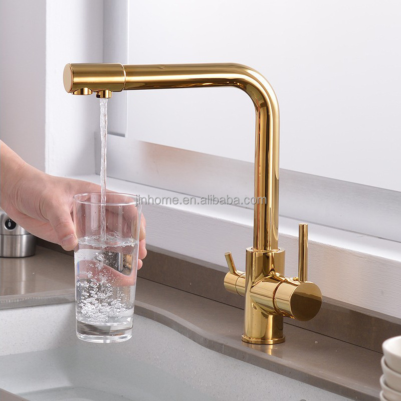 Gold Brushed  3 In 1 Water Purifier Tap Modern Faucet Two Handle Three Way Drinking Water Filter Kitchen Faucets