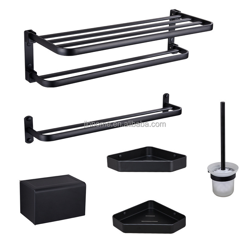 Space Aluminum 5 piece Bathroom Hardware Set Free Punching Black Gold Bath Towel Rack Corner Shelf Bath Hardware Kits