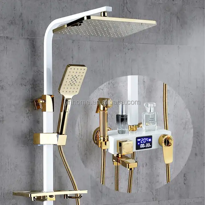 Digital Display Thermostatic Shower Faucet Set Chrome Brass 4 Functions Bathroom Shower Set System Rainfall Shower Taps