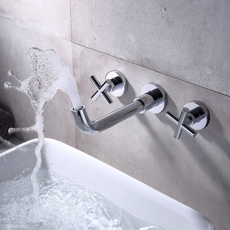 Hidden wall mounted concealed chrome  waterfall mixer tap  bathroom solid brass in wall concealed basin faucets