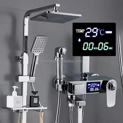 Digital Display Thermostatic Shower Faucet Set Chrome Brass 4 Functions Bathroom Shower Set System Rainfall Shower Taps