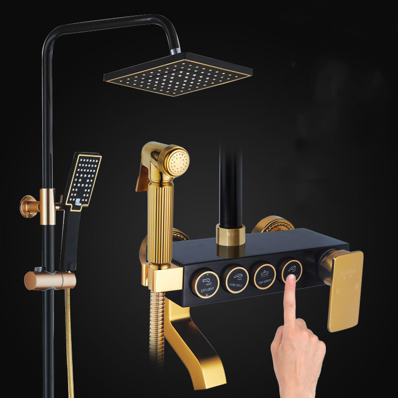 high pressure Shower Head  Shower Kit 4 Functions Piano Brass Shower Set Thermostatic Black Gold Bathtub Mixer