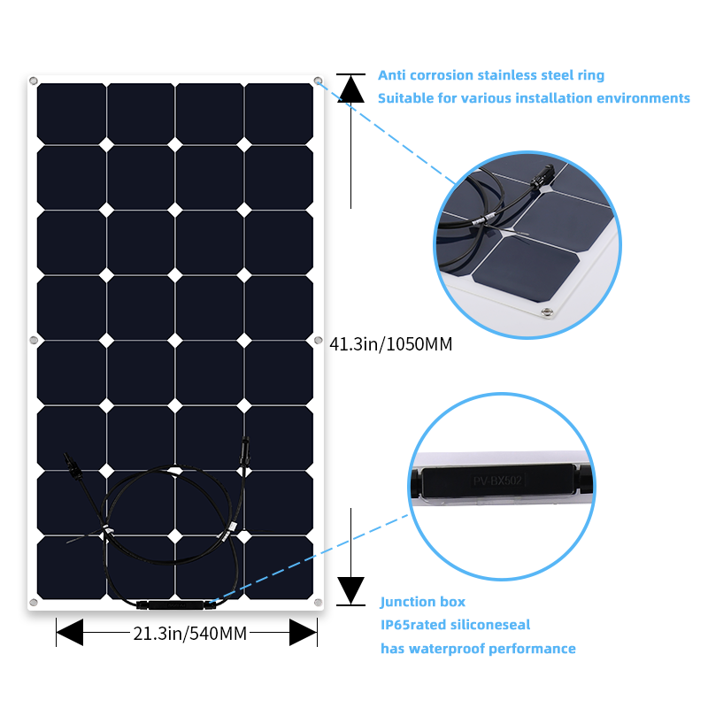 100W 17.6V Pet Sunpower Cells 23% High Efficiency Semi Flexible Marine Solar Energy Panel for RVs Yachts Boats Cars Campervans