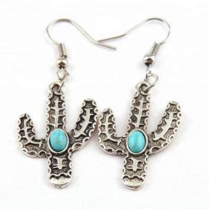 Women Alloy drop earring,Fashion Metal Turquoise Cactus Earring Western Jewelry