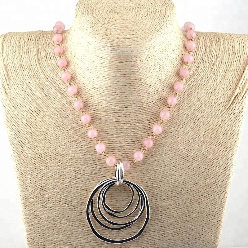 Natural Stone Necklace Rosary Chain Multi Circle Pendant Necklace Women Ethnic Necklaces