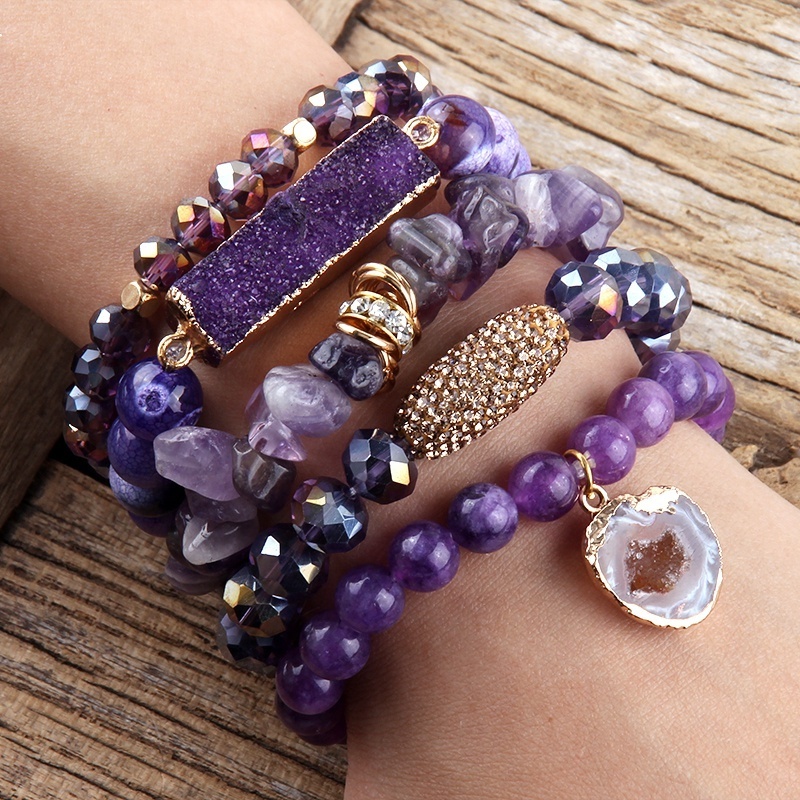 New Boho Jewelry  Natural Stone Chip Rhinestone Pave Clay Peanut Elastic Bracelet Irregular Druzy Pendant Stack Bracelets Set