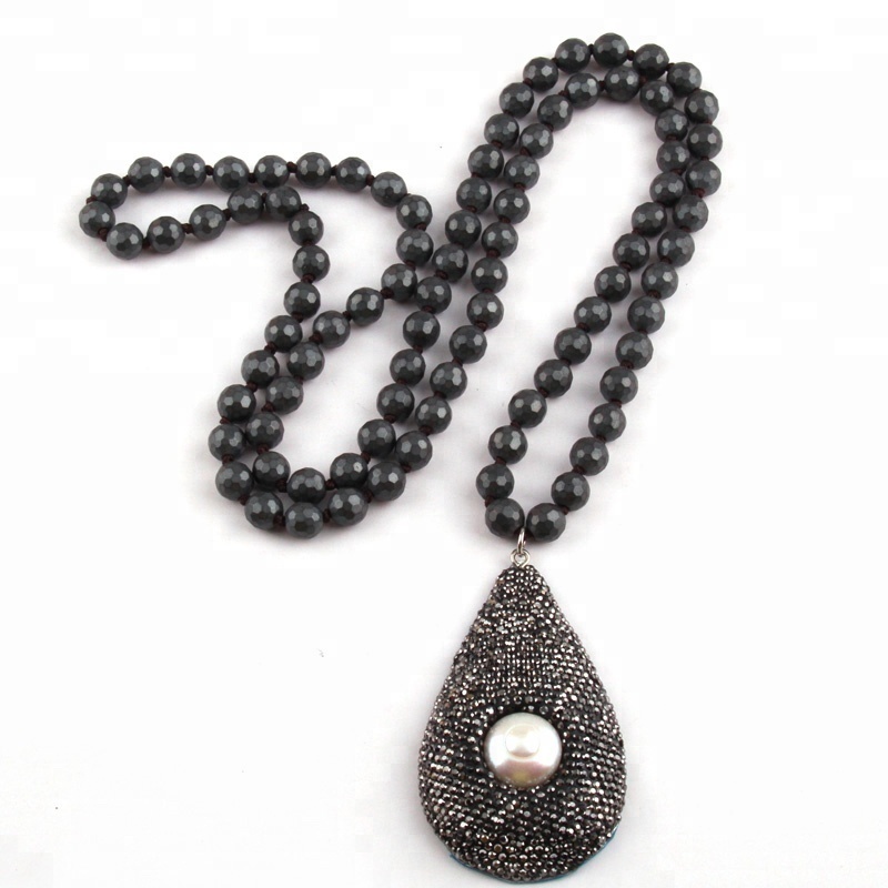 Women Necklace Drop Charm Pendant Necklace  8mm Hematite Beads Knotted Crystal Pave Big Pearl Necklace