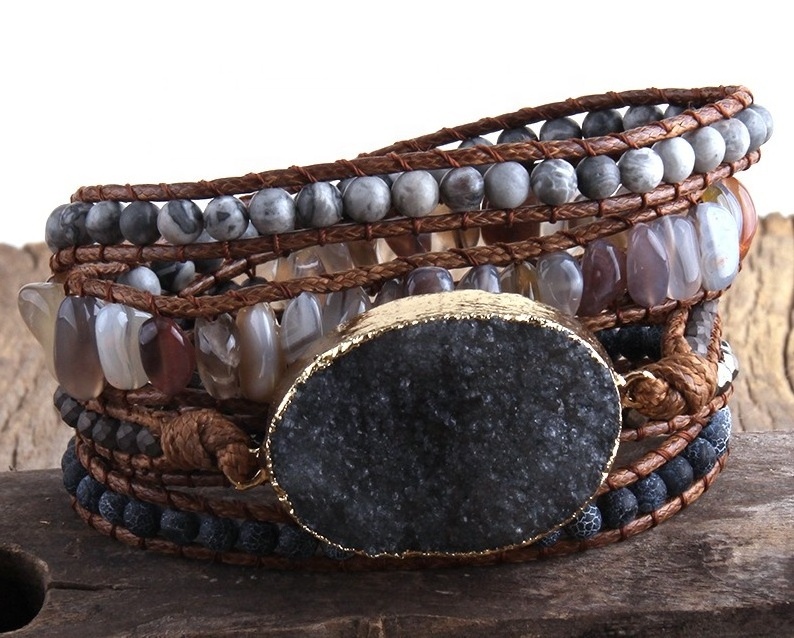 Boho Jewelry 5 Strands Beaded Bracelet Natural stone crystal glass beads Irregular Chip Stone Big White Druzy Wrap Bracelet