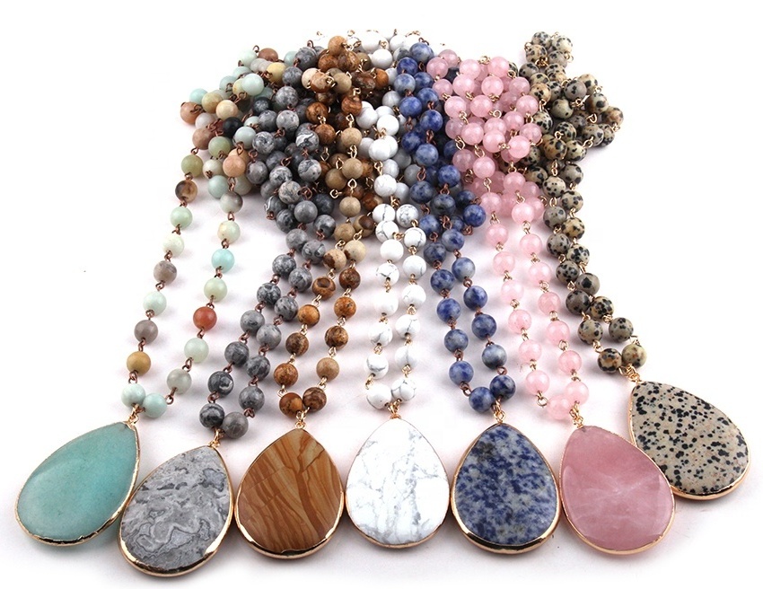 Fashion Natural Stone Rosary Chain Jewelry Necklace Stone Pendent Necklace Women