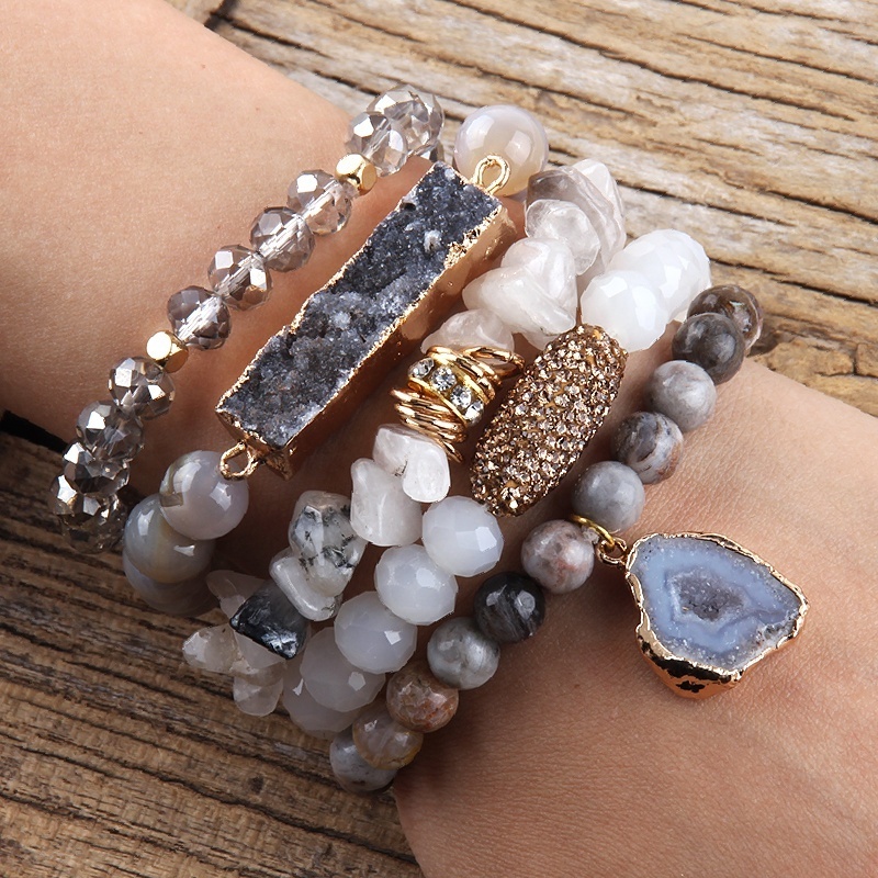 New Boho Jewelry  Natural Stone Chip Rhinestone Pave Clay Peanut Elastic Bracelet Irregular Druzy Pendant Stack Bracelets Set