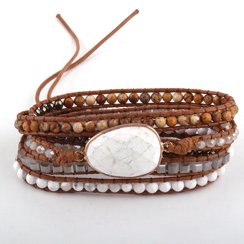 Fashion Beaded Jewelry Handmade Mixed Natural Stones Crystal Pink Quartz Stone Charm 5 Strands Wrap Bracelets