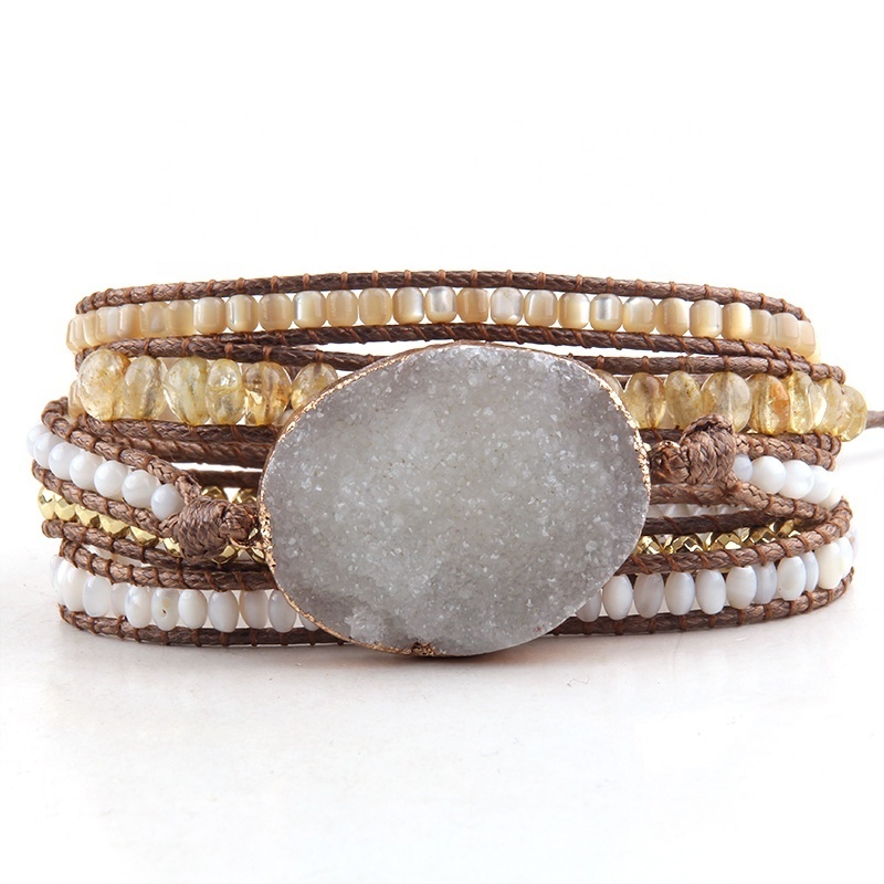 Boho Jewelry 5 Strands Beaded Bracelet Natural stone crystal glass beads Irregular Chip Stone Big White Druzy Wrap Bracelet