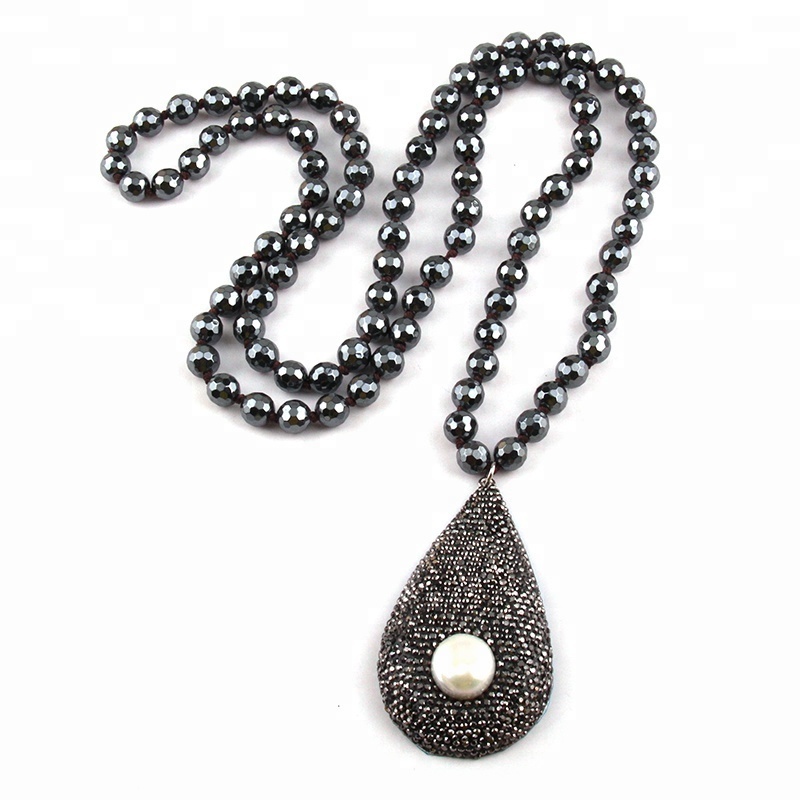 Women Necklace Drop Charm Pendant Necklace  8mm Hematite Beads Knotted Crystal Pave Big Pearl Necklace