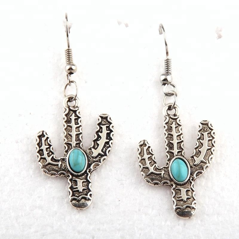 Women Alloy drop earring,Fashion Metal Turquoise Cactus Earring Western Jewelry