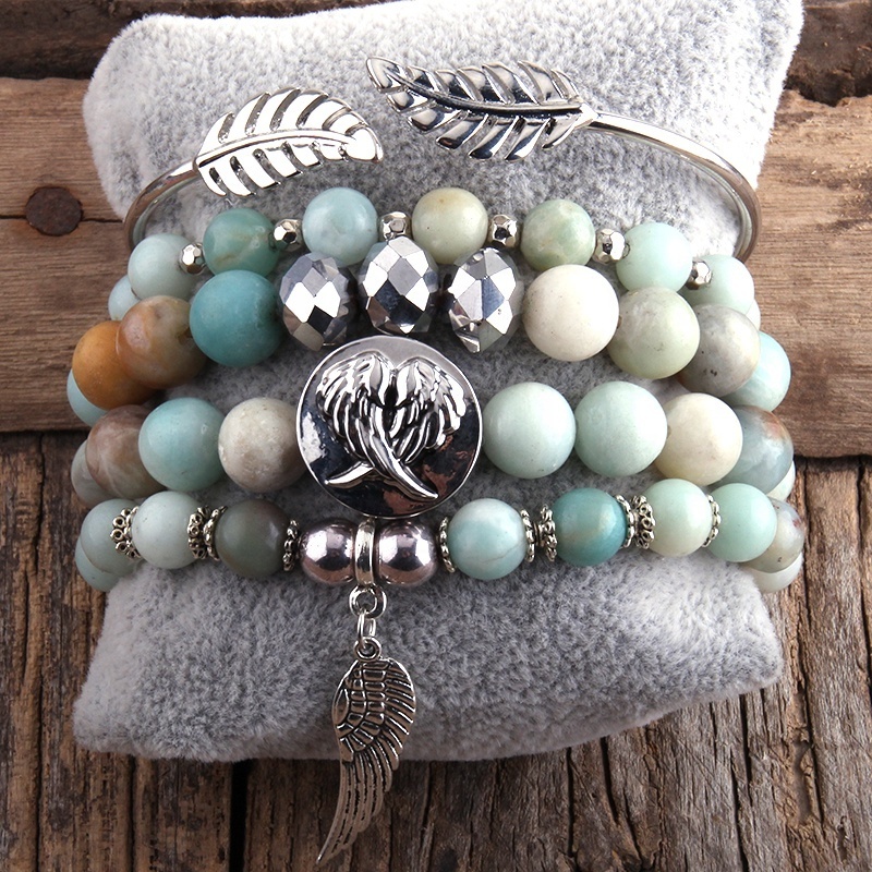 Women Bohemian Jewelry  Boho Valentine Gift Amazonite Bracelet leaf Cuff Bangle 5pc Stack Bracelet Sets