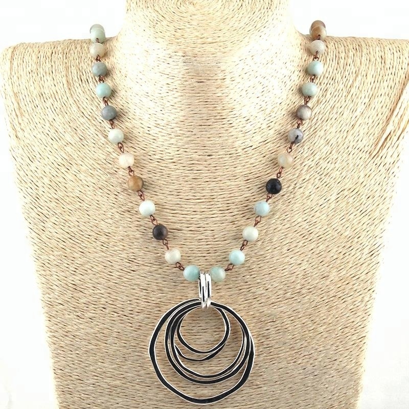 Natural Stone Necklace Rosary Chain Multi Circle Pendant Necklace Women Ethnic Necklaces