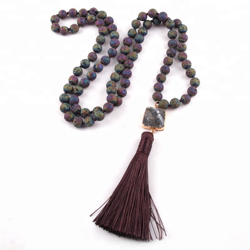 Fashion Knotted Leopard Stripe Stone Square Druzy Link WomenThread Tassel Necklace Gemstone Necklace