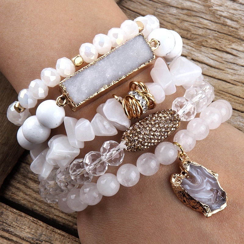 New Boho Jewelry  Natural Stone Chip Rhinestone Pave Clay Peanut Elastic Bracelet Irregular Druzy Pendant Stack Bracelets Set