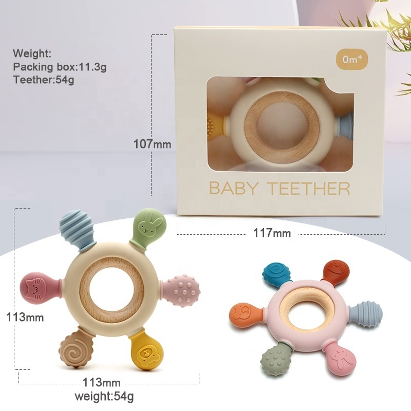 silicone teether baby teether wood ring teething toys  bpa free silicone wooden baby teether teething toys for babies 0-6 months