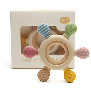 silicone teether baby teether wood ring teething toys  bpa free silicone wooden baby teether teething toys for babies 0-6 months