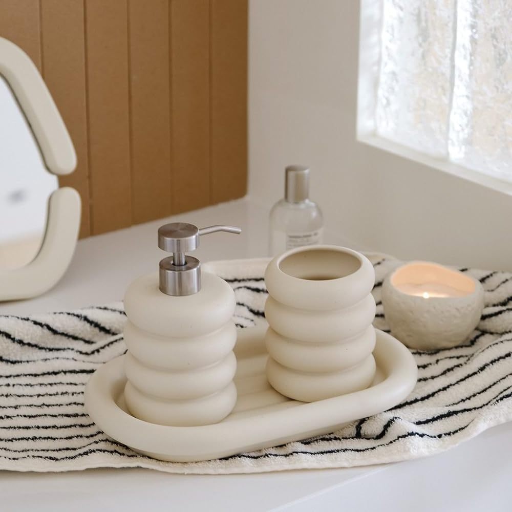 Modern Cute Custom Wholesale Hotel Item Decor Designer Tray Soap Dispenser Gargle Cup Ceramic 3 Piece Bathrooms Accessories Set