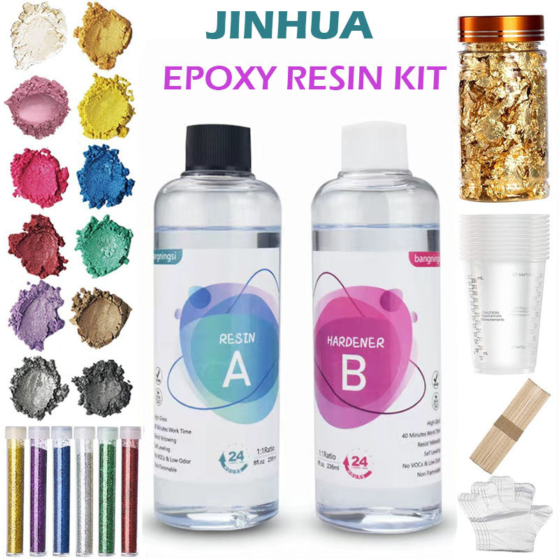 Crystal Clear 16OZ Epoxy Resin  for Jewelry Art Craft Resin Kit with Mica Powder, Glitter,  Gold Foil Flakes, Cup and Sticks