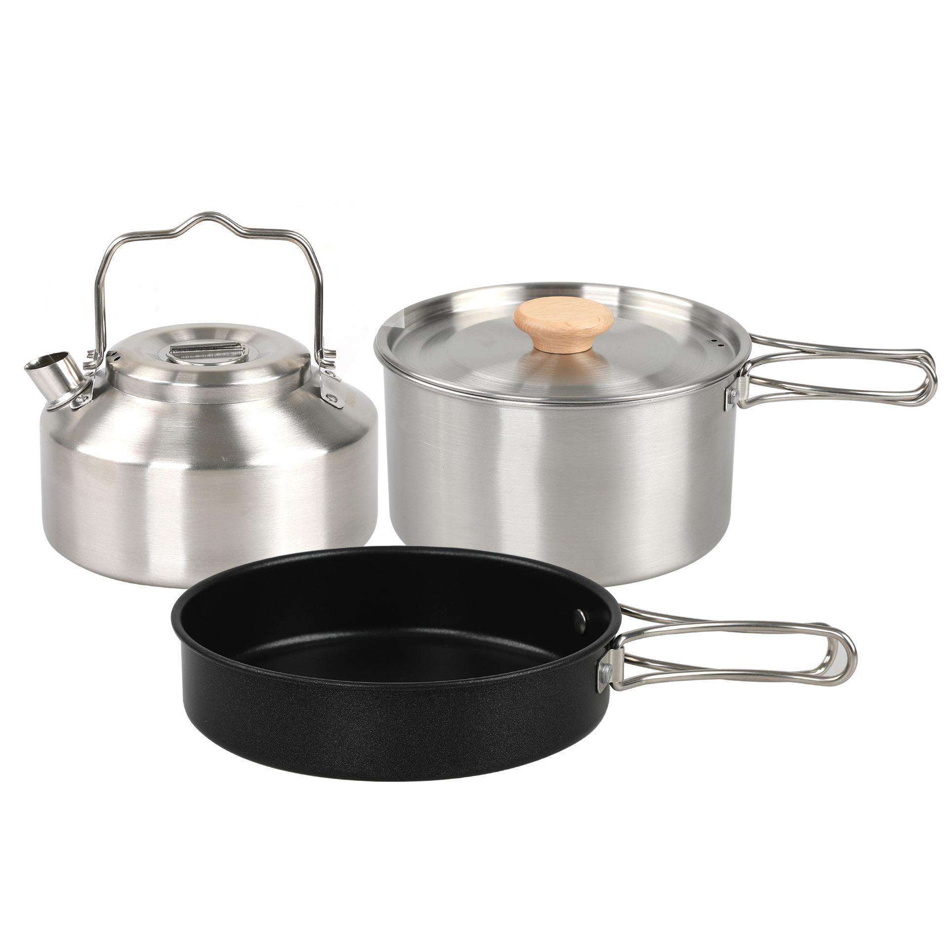 Outdoor Pot Set Camping Stainless Steel Pot 3-Piece Set Kettle Frying Pan Cooking Pot Portable Picnic Set